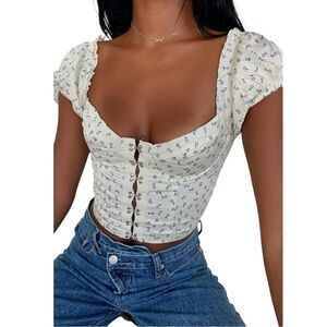 Princess Polly Top Women’s Size 8 US Light Yellow Lilac Floral Crop Puff Sleeves